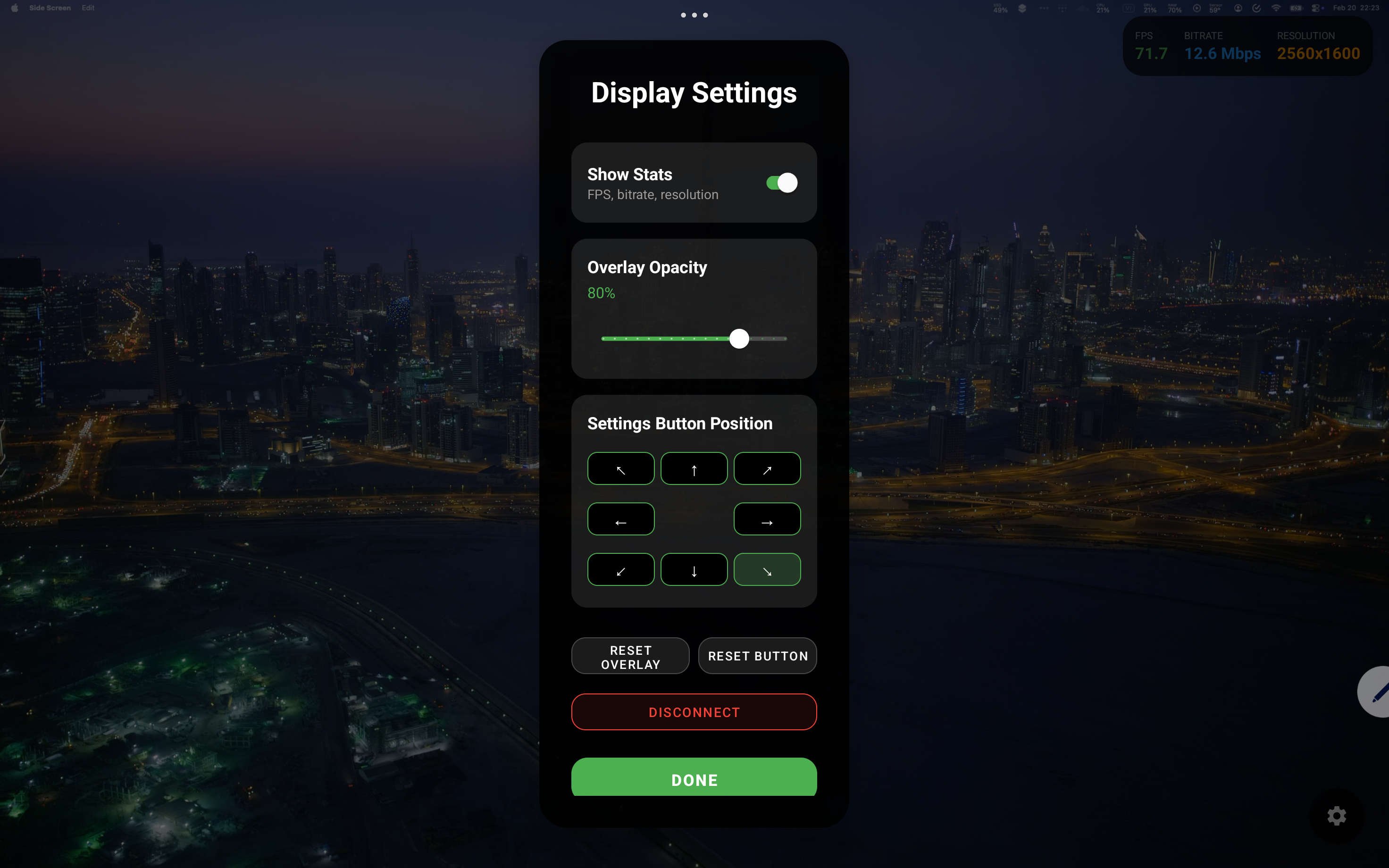 Side Screen streaming with stats overlay showing FPS and bitrate
