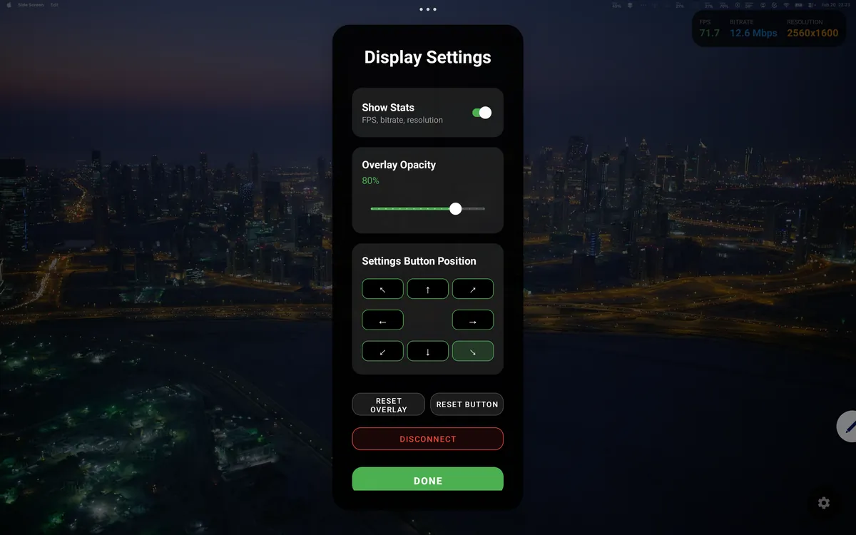 Side Screen streaming with stats overlay showing FPS and bitrate