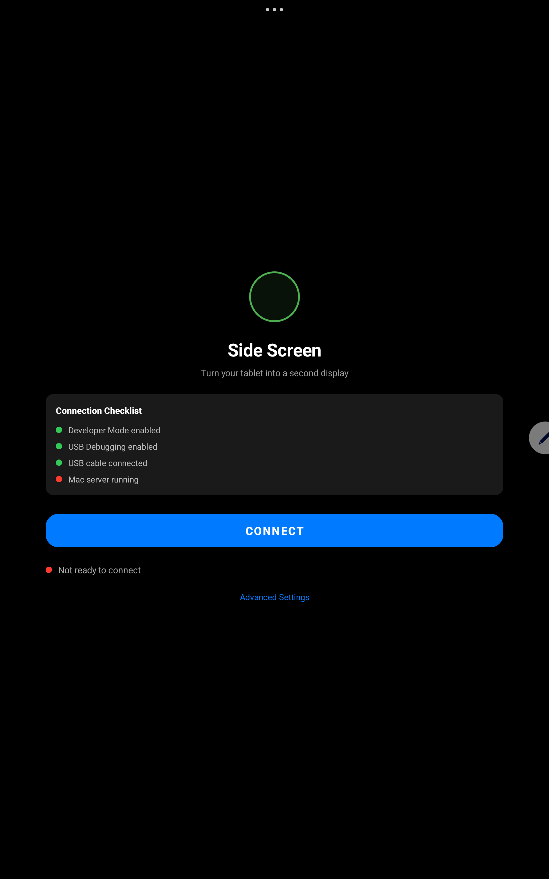 Android app connection screen with checklist