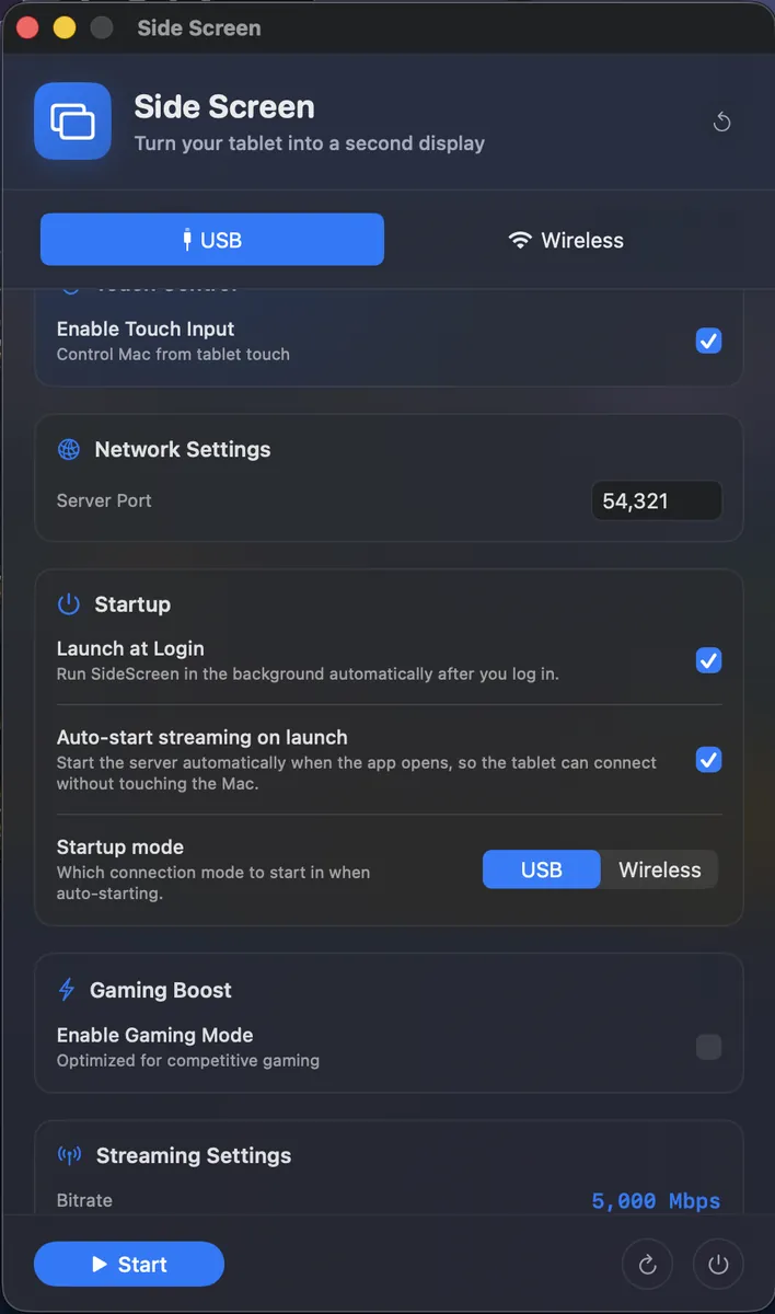 Side Screen Launch at Login and auto-start settings