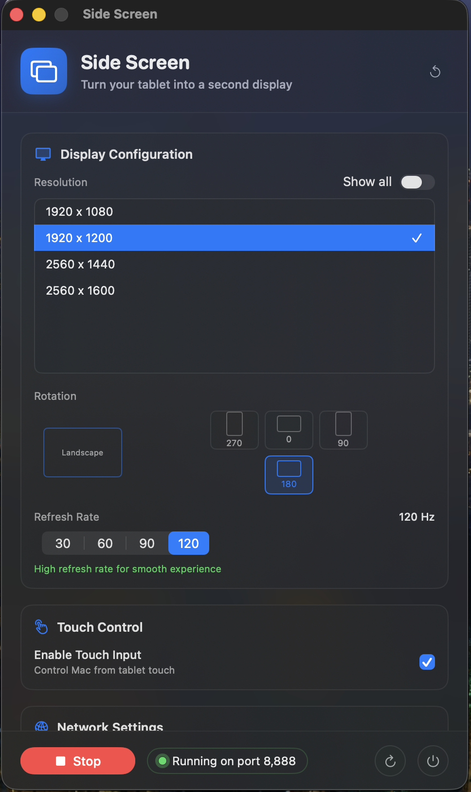 macOS Settings — Display configuration