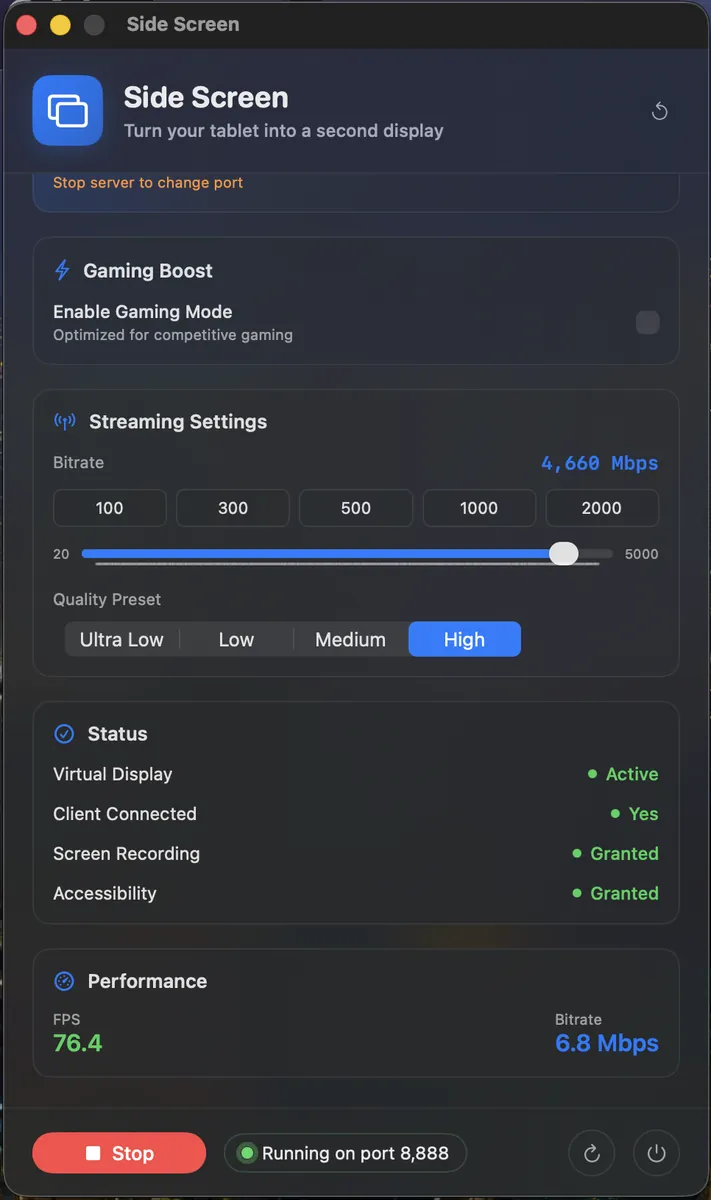macOS Settings — Streaming and status